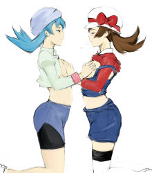 Rule 34 | 00s, 1990s (style), 2girls, bad id, bad pixiv id, blue hair, blush, breast envy, breasts, breath, brown hair, closed eyes, clothes lift, creatures (company), curvy, game freak, grabbing, grabbing another&#039;s breast, hat, hat ribbon, in-franchise crossover, kneeling, lyra (pokemon), marina (pokemon), medium breasts, midriff, multiple girls, nintendo, no bra, open clothes, open shirt, overalls, pokemon, pokemon (anime), pokemon (classic anime), pokemon hgss, red ribbon, retro artstyle, ribbon, shirt, shirt lift, sketch, smirk, thighhighs, white background, white thighhighs, xinjing, yuri