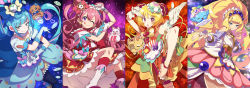 Rule 34 | 4girls, 4others, ;d, absurdres, ankle bow, ankle ribbon, apron, back bow, blonde hair, blue eyes, blue hair, blue skirt, bow, brooch, bun cover, choker, cone hair bun, cure finale, cure precious, cure spicy, cure yum-yum, delicious party precure, dog, dress, fighting stance, fox, fuwa kokone, hair bun, hanamichi ran, heart, heart brooch, highres, huge bow, jewelry, kasai amane, kome-kome (precure), leg ribbon, long sleeves, magical girl, mem-mem (precure), multicolored clothes, multicolored dress, multiple girls, multiple others, nagomi yui, one eye closed, open mouth, orange dress, pam-pam (precure), parfait recipipi, pink choker, pink dress, pink eyes, pink hair, precure, recipipi, ribbon, shirt, skirt, smile, triple bun, ushiki yoshitaka, waitress, we can do it!, white stripes