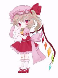 Rule 34 | 1girl, :&lt;, :3, absurdres, artist name, ascot, back bow, bandaid, bandaid on knee, bandaid on leg, blonde hair, blush, blush stickers, bobby socks, bow, closed mouth, commentary request, crystal, expressionless, flandre scarlet, full body, hair bow, hat, high heels, highres, holding, holding stuffed toy, looking at viewer, medium hair, mob cap, one side up, petticoat, pink bow, pink hat, red bow, red eyes, red footwear, renakobonb, simple background, socks, solo, standing, stuffed toy, touhou, white background, white socks, wings, yellow ascot