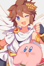 Rule 34 | angel, angel wings, armband, armlet, blue eyes, brown hair, clenched hand, colored skin, feathered wings, grey background, kid icarus, kirby, kirby (series), laurel crown, looking at viewer, male focus, nintendo, open mouth, pink skin, pit (kid icarus), smile, solid oval eyes, super smash bros., twitter username, white wings, wings, wusagi2