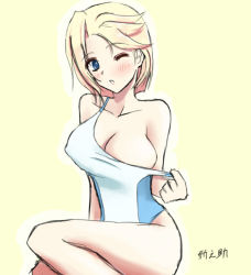 Rule 34 | blonde hair, blue eyes, breasts, large breasts, muv-luv, muv-luv alternative, muv-luv total eclipse, one-piece swimsuit, one eye closed, stella bremer, swimsuit, wink