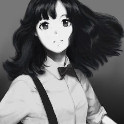 Rule 34 | 1girl, album cover redraw, black bow, black bowtie, black eyes, black hair, bow, bowtie, collared shirt, commentary request, derivative work, dress shirt, floating hair, grey background, greyscale, highres, long hair, looking at viewer, monochrome, parted lips, real life, shadow, shirt, sleeves rolled up, smile, solo, suspenders, sweetest music, takeuchi mariya, tirami syz, upper body, white shirt
