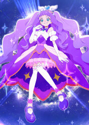 Rule 34 | 1girl, aqua eyes, backlighting, brooch, closed mouth, clothing cutout, commentary, cure majesty, dress, earclip, elbow gloves, ellee-chan, floating, frilled skirt, frills, full body, gloves, half-dress, hand in own hair, highres, hirogaru sky! precure, jewelry, ji-ma, layered skirt, long hair, looking at viewer, magical girl, medium dress, miniskirt, night, night sky, outdoors, pleated skirt, precure, purple dress, purple footwear, purple hair, shoes, short sleeves, shoulder cutout, skirt, sky, smile, solo, star (sky), starry sky, thighhighs, two side up, very long hair, white gloves, white thighhighs, wing brooch, wing hair ornament