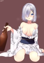 Rule 34 | 10s, 1girl, bad id, bad twitter id, bare shoulders, barefoot, blue eyes, blush, bottle, breasts, breasts apart, hair ornament, hair over one eye, hairclip, hamakaze (kancolle), heavy breathing, highres, japanese clothes, kantai collection, kimono, looking at viewer, miyakura shiiha, obi, off shoulder, open mouth, sake bottle, sash, silver hair, simple background, sitting, solo, twitter username, wariza, wide sleeves, yukata