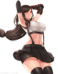 Rule 34 | 1girl, abs, arm guards, armpits, arms up, bike shorts, blush, breasts, brown hair, crop top, elbow gloves, final fantasy, final fantasy vii, final fantasy vii remake, gloves, highres, large breasts, long hair, low-tied long hair, navel, pleated skirt, red eyes, shorts, shorts under skirt, simple background, skirt, skyde kei, smile, solo, steaming body, stomach, suspenders, sweat, thighhighs, tifa lockhart, toned, wind, wind lift