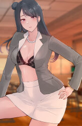 Rule 34 | 1girl, absurdres, black bra, black hair, blurry, blurry background, bra, breasts, brown jacket, brown skirt, classroom, collarbone, commentary request, contrapposto, cowboy shot, desk, dusk, floral print, formal, groin, hair bun, hand on own hip, highres, jacket, jewelry, lace, lace-trimmed bra, lace trim, light blush, long hair, looking at viewer, love live!, love live! sunshine!!, mature female, medium breasts, miniskirt, necklace, no shirt, open mouth, pearl necklace, pencil skirt, pink eyes, school desk, single side bun, skirt, skirt suit, suit, suit jacket, swept bangs, teeth, thighs, tsushima yoshiko&#039;s mother, ub takami, underwear, upper teeth only, watch, wristwatch