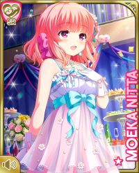 Rule 34 | 1girl, blue bow, bouquet, bow, character name, flower, food, girlfriend (kari), gloves, hand on chest, indoors, nitta moeka, official art, open mouth, pink bow, pink hair, purple eyes, qp:flapper, ribbon, short hair, smile, solo, table, tagme