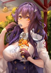 Rule 34 | 1girl, azuma (azur lane), azur lane, black gloves, bra, bra visible through clothes, breasts, buttons, eating, gloves, hair between eyes, hair ornament, hairclip, highres, lace, lace-trimmed bra, lace trim, large breasts, leichi6, long hair, long sleeves, looking at viewer, outdoors, purple hair, sidelocks, solo, underwear, yellow eyes