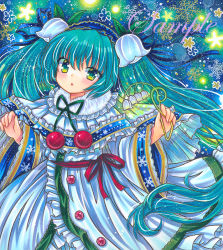 Rule 34 | 1girl, :o, aqua hair, blue hairband, blue ribbon, blush, capelet, cherry, dress, flower, food, frilled capelet, frilled dress, frills, fruit, fur-trimmed capelet, fur trim, green eyes, green ribbon, hair flower, hair ornament, hair ribbon, hairband, hatsune miku, holding, holding flower, lily of the valley, long hair, long sleeves, looking at viewer, marker (medium), open mouth, red ribbon, ribbon, rui (sugar3), sample watermark, snowbell (flower), solo, too many, too many frills, traditional media, very long hair, vocaloid, watermark, white capelet, white dress, white flower, wide sleeves, yuki miku, yuki miku (2015)