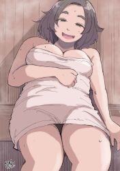 Rule 34 | 1girl, :d, absurdres, breasts, brown eyes, brown hair, dated, hadashi no kenji, highres, large breasts, looking at viewer, medium hair, naked towel, open mouth, sauna, sitting, smile, solo, sweat, thick eyebrows, towel