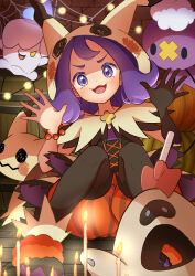 Rule 34 | 1girl, :d, absurdres, acerola (fall 2020) (pokemon), acerola (pokemon), bead bracelet, beads, blush, bracelet, capelet, commentary request, creatures (company), drifloon, game freak, gen 4 pokemon, gen 5 pokemon, gen 7 pokemon, gloves, halloween, hands up, highres, hood, hood up, hooded capelet, jewelry, litwick, mimikyu, nintendo, official alternate costume, open mouth, orange bracelet, orange shorts, pantyhose, pokemon, pokemon (creature), pokemon masters ex, purple eyes, purple hair, refisa, sandygast, shorts, single glove, sitting, smile, striped clothes, striped shorts, tongue, vertical-striped clothes, vertical-striped shorts, yellow capelet