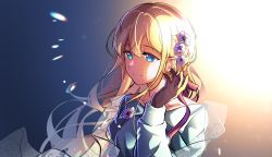 Rule 34 | 1girl, backlighting, bad id, bad pixiv id, blonde hair, blue dress, blue eyes, bouquetforangel, braid, brown gloves, brown ribbon, close-up, closed mouth, collarbone, dress, eyelashes, facing viewer, floating hair, floral print, flower, french braid, gloves, hair between eyes, hair down, hair flower, hair ornament, hair ribbon, half-closed eyes, hand up, happy, highres, jitome, juliet sleeves, light particles, light rays, light smile, long hair, long sleeves, looking afar, looking down, off-shoulder dress, off shoulder, patterned clothing, plaid, plaid dress, puffy sleeves, purple flower, ribbon, shaded face, shawl, solo, upper body, violet (flower), violet evergarden, violet evergarden (series)
