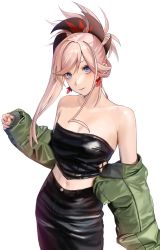 Rule 34 | 1girl, applekun, bare shoulders, black pants, blush, breasts, cleavage, closed mouth, earrings, fate/grand order, fate (series), highres, jacket, jewelry, leather, leather pants, medium breasts, medium hair, midriff, miyamoto musashi (fate), navel, pants, pink hair, simple background, smile, solo, standing, stomach, white background