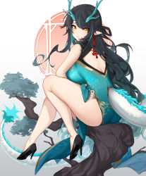 Rule 34 | 1girl, absurdres, arknights, ass, bare back, black footwear, black hair, breasts, china dress, chinese clothes, dragon girl, dragon horns, dragon tail, dress, dusk (arknights), dusk (everything is a miracle) (arknights), earrings, from behind, green dress, green hair, high heels, highres, horns, jewelry, large breasts, long hair, looking at viewer, looking back, multicolored hair, official alternate costume, pointy ears, simple background, sitting, sleeveless, sleeveless dress, solo, streaked hair, tail, tail ornament, tassel, tassel earrings, thick thighs, thighs, tree, very long hair, wavy hair, white background, yellow eyes, zeroblood