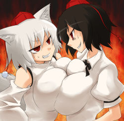 Rule 34 | &gt;:d, 2girls, :d, anger vein, angry, animal ears, black hair, bow, bowtie, breast press, breasts, cleavage, confrontation, detached sleeves, evil grin, evil smile, eye contact, face-to-face, fang, female focus, grin, hands on own hips, hat, huge breasts, impossible clothes, impossible shirt, inubashiri momiji, looking at another, multiple girls, open mouth, oro (zetsubou girl), red eyes, shameimaru aya, shirt, short hair, smile, symmetrical docking, tail, tokin hat, touhou, v-shaped eyebrows, vest, white hair, wolf ears, wolf tail