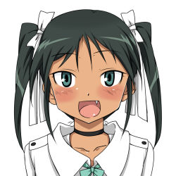 Rule 34 | 1girl, aqua eyes, bow, collarbone, fang, francesca lucchini, green hair, hair bow, komusou (jinrikisha), solo, strike witches, twintails, white background, world witches series