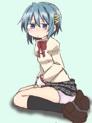 Rule 34 | 1girl, ass, between legs, black skirt, black socks, blue background, blue eyes, blue hair, blush, bow, bowtie, breasts, brown footwear, closed mouth, clothes lift, embarrassed, female focus, from side, full body, hair ornament, hairclip, hand between legs, highres, juliet sleeves, kneehighs, long sleeves, looking at viewer, mahou shoujo madoka magica, miki sayaka, miniskirt, nose blush, panties, pink panties, plaid, plaid skirt, pleated skirt, ponnu (tnpn2yw), puffy sleeves, red bow, red bowtie, school uniform, shirt, shoes, short hair, simple background, sitting, skirt, skirt lift, small breasts, socks, solo, underwear, yellow shirt