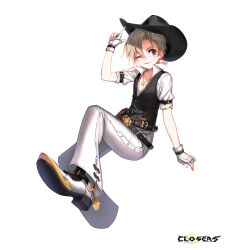 Rule 34 | 1boy, boots, closers, cowboy boots, cowboy hat, green eyes, hat, highres, light brown hair, male focus, mistilteinn (closers), non-web source, official art, one eye closed, pants, shoes, white pants