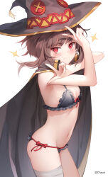 1girl alternate_costume bikini black_bikini black_cape blush breasts brown_hair brown_hat cape chaun cleavage closed_mouth commentary double_v front-tie_bikini_top front-tie_top hat highres kono_subarashii_sekai_ni_shukufuku_wo! looking_at_viewer megumin navel red_eyes short_hair short_hair_with_long_locks side-tie_bikini_bottom simple_background smile solo swimsuit v v-shaped_eyebrows white_background witch_hat