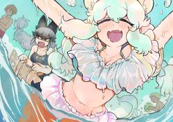 Rule 34 | 2boys, 2girls, absurdres, alternate costume, alternate hairstyle, angry, animal ears, arms up, bad id, bad pixiv id, bikini, black hair, blush, bow, breasts, brown hair, cleavage, closed eyes, commentary request, day, extra ears, fangs, fisheye, fox ears, grey hair, hair bow, highres, holding, igarashi (nogiheta), kemono friends, kemono friends 3, lion ears, lion tail, long hair, looking at another, low-tied long hair, male swimwear, multicolored hair, multiple boys, multiple girls, navel, nose blush, open mouth, outdoors, outstretched arms, red eyes, red male swimwear, red swim trunks, shaded face, sharp teeth, short hair, sidelocks, silver fox (kemono friends), smile, splashing, stomach, swim trunks, swimsuit, tail, teeth, triangle mouth, twintails, two-tone hair, water, wet, wet clothes, wet swimsuit, white hair, white lion (kemono friends)