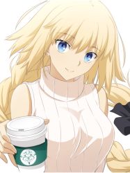 Rule 34 | 1girl, black ribbon, blonde hair, blue eyes, braid, breasts, coffee cup, commentary request, cup, disposable cup, fate/grand order, fate (series), fumika asano, head tilt, highres, holding, holding cup, jeanne d&#039;arc (fate), jeanne d&#039;arc (ruler) (fate), large breasts, long braid, long hair, looking at viewer, ribbed sweater, ribbon, single braid, sleeveless, sleeveless sweater, smile, solo, sweater, turtleneck, turtleneck sweater, upper body, very long hair, white sweater