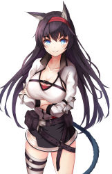 Rule 34 | 1girl, animal ears, arknights, belt, black belt, black hair, black skirt, blaze (arknights), blue eyes, breasts, cat ears, cat tail, cleavage, commentary, crossed arms, frontera, grey thighhighs, grin, hairband, highres, jacket, large breasts, long hair, long sleeves, looking at viewer, miniskirt, pouch, red hairband, simple background, single thighhigh, skirt, smile, solo, tail, tank top, thighhighs, thighs, very long hair, white background, white jacket, white tank top