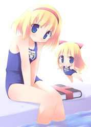 Rule 34 | 1girl, alice margatroid, blonde hair, chibi, female focus, matching shanghai, name tag, one-piece swimsuit, ribbon, school swimsuit, shanghai doll, short hair, solo, swimsuit, touhou
