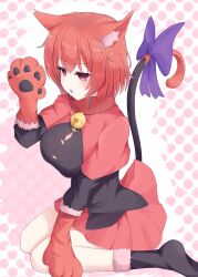 Rule 34 | 1girl, absurdres, animal ear fluff, animal ears, animal hands, bell, black shirt, black socks, bow, breasts, capelet, cat ears, cat paws, cat tail, commentary request, donnon08, highres, large breasts, neck bell, open mouth, polka dot, polka dot background, purple bow, red capelet, red skirt, seiza, sekibanki, shirt, sitting, skirt, socks, solo, tail, tail bow, tail ornament, touhou
