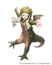 Rule 34 | 1girl, 2012, 2019, animal costume, bravely default: praying brage, bravely default (series), character request, company name, copyright notice, dragon costume, green eyes, official art, one eye closed, open mouth, outstretched arms, satou kivi, simple background, solo, teeth, twintails, upper teeth only, white background, white hair