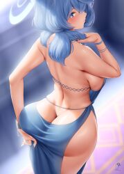 Rule 34 | 1girl, absurdres, ako (blue archive), ako (dress) (blue archive), ass, ass support, back, backless dress, backless outfit, bare shoulders, blue archive, blue dress, blue eyes, blue hair, blush, bracelet, breasts, butt crack, closed mouth, dress, etsunami kumita, from behind, hair between eyes, halo, highres, jewelry, large breasts, long hair, looking at viewer, looking back, sideboob, signature, solo