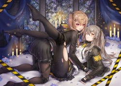 Rule 34 | 1girl, black pantyhose, blush, breasts, brown eyes, brown hair, candlelight, death-the-cat, fingerless gloves, girls&#039; frontline, gloves, grey hair, hair between eyes, hair ornament, hairclip, indoors, jacket, long hair, looking at viewer, multiple girls, one side up, open mouth, pantyhose, ribbon, scar, scar across eye, scar on face, shirt, skirt, smile, torn clothes, torn legwear, twintails, ump45 (girls&#039; frontline), ump9 (girls&#039; frontline), white shirt, yellow eyes