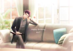Rule 34 | 1boy, belt, black belt, black jacket, book, brown pants, character name, closed eyes, collared shirt, couch, grey shirt, happy birthday, head rest, holding, holding book, jacket, leaf, long sleeves, male focus, maple leaf, munakata touya, on couch, open book, pants, purple hair, readyyy!, seiyyy, shirt, sleeping, solo