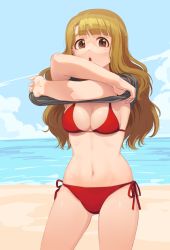Rule 34 | 1girl, beach, bikini, blue sky, breasts, brown eyes, brown hair, cleavage, clothes lift, commentary, cowboy shot, day, horizon, idolmaster, idolmaster million live!, kamille (vcx68), lifting own clothes, long hair, looking at viewer, medium breasts, miyao miya, navel, ocean, open mouth, outdoors, red bikini, shirt lift, side-tie bikini bottom, skindentation, sky, solo, standing, swimsuit