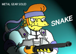 Rule 34 | aodemi, earrings, gun, jewelry, male focus, metal gear (series), metal gear solid, name connection, orange hair, parody, solid snake, solo, style parody, the simpsons, weapon
