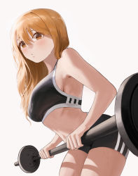 Rule 34 | 1girl, absurdres, barbell, blonde hair, blush, breasts, exercising, eyebrows hidden by hair, highres, jinbin825, long hair, midriff, mole, mole on breast, navel, original, sideboob, solo, sports bra, sweat, toned, weightlifting, weights, workout clothes