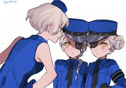 Rule 34 | 3girls, arm up, armband, bare shoulders, black gloves, black necktie, blonde hair, blue dress, blue gloves, blue hat, blue shirt, bob cut, braid, caroline (persona 5), collared shirt, double bun, dress, elizabeth (persona), english text, eyepatch, female focus, from behind, gloves, grid background, hair bun, hands on own hips, hat, highres, justine (persona 5), looking at another, multiple girls, necktie, nervous, peaked cap, shirt, siblings, sisters, sleeveless, sleeveless dress, twins, upper body, uxco0, yellow eyes