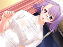Rule 34 | 00s, 1girl, :o, after (game), blush, bra, bra visible through clothes, brachira, dutch angle, game cg, glasses, hair ornament, hairclip, kishi youko, lingerie, nurse, open mouth, pink eyes, purple hair, see-through, shirt, short hair, solo, tony taka, underwear, wet, wet clothes, wet shirt, window