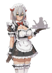 Rule 34 | 1girl, apron, black dress, black gloves, blush, bow, breasts, cleavage, cleavage cutout, clothing cutout, cowboy shot, dark-skinned female, dark skin, dress, frilled thighhighs, frills, gloves, green eyes, grey hair, hair between eyes, hair bow, holding, holding tray, large breasts, long hair, looking at viewer, maid, maid headdress, mdf an, original, panties, print dress, print gloves, red bow, ribbon-trimmed clothes, ribbon trim, see-through clothes, short dress, simple background, solo, thighhighs, tray, underwear, waist apron, white background, white panties, white thighhighs, zettai ryouiki