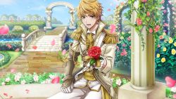 Rule 34 | 1boy, aiguillette, alternate costume, armor, ascot, blonde hair, blue sky, blush, brown bess (senjuushi), clenched hand, day, earrings, embarrassed, epaulettes, flower, frown, game cg, garden, gauntlets, gloves, green eyes, highres, holding, holding flower, jewelry, light blush, looking at viewer, male focus, non-web source, official art, open mouth, petals, reaching, reaching towards viewer, red flower, red rose, rose, rose petals, senjuushi: the thousand noble musketeers, senjuushi (series), short hair, single earring, single gauntlet, sitting, sky, solo, sparkle, white gloves, yellow flower, yellow rose