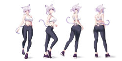 Rule 34 | 1girl, alternate costume, alternate hairstyle, animal ear fluff, animal ears, ass, ass cutout, bare arms, bare shoulders, blush, breasts, butt crack, cat ears, cat girl, cat tail, cleavage, clothing cutout, commentary, crop top, english commentary, flower, from behind, highres, hololive, kaneko (bblogtinhan), large breasts, leggings, looking at viewer, midriff, multiple views, navel, nekomata okayu, pants, parted lips, ponytail, purple eyes, purple flower, purple hair, shoes, short hair, skindentation, sneakers, tail, tank top, virtual youtuber, white tank top, yoga pants