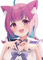 Rule 34 | 1girl, :d, ahoge, anchor print, anchor symbol, animal ear fluff, animal ears, blue bow, blue hair, blue ribbon, blue sailor collar, blunt bangs, blush, bow, braid, breasts, cat ears, collar, collarbone, commentary, frilled collar, frills, head tilt, heart, heart hands, highres, hololive, kamachi (kamati0maru), looking at viewer, medium breasts, minato aqua, minato aqua (sailor), multicolored hair, open mouth, purple eyes, purple hair, ribbon, sailor collar, shirt, sidelighting, sidelocks, simple background, smile, solo, streaked hair, twin braids, upper body, virtual youtuber, white background, white shirt