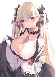 Rule 34 | 1girl, azur lane, black dress, blush, bow, breasts, cleavage, closed mouth, collarbone, detached collar, dress, earrings, formidable (azur lane), frilled dress, frills, gradient background, hair bow, hand up, highres, jewelry, large breasts, long hair, long sleeves, looking at viewer, maosame, nail polish, red eyes, silver hair, smile, solo, twintails, upper body, very long hair