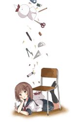 Rule 34 | 1girl, :d, absurdres, black sailor collar, black socks, blush, brown hair, chair, commentary, compass (instrument), eraser, green eyes, hair ornament, hairclip, highres, holding, kneehighs, looking at viewer, lying, neckerchief, no shoes, on stomach, open mouth, original, pen, protractor, red neckerchief, ruler, sailor collar, school chair, school uniform, scissors, serafuku, set square, shirt, short sleeves, simple background, smile, socks, soles, solo, stapler, symbol-only commentary, tape dispenser, teruterubouzu, tsukiyo (skymint), white background, white shirt, wooden floor