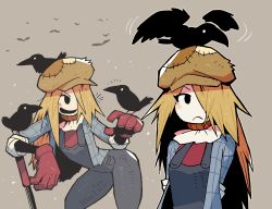 Rule 34 | 1girl, animal, bird, black eyes, blonde hair, blue shirt, colored skin, crow, denim, expressionless, frown, gloves, hair over one eye, highres, jacket, leaning forward, leaning on object, linda (rariatto), monster girl, open clothes, open jacket, original, overalls, rariatto (ganguri), red gloves, red shirt, sack, scarecrow, shirt, smile, straw (stalk), striped clothes, striped shirt, white skin