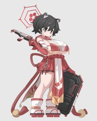 Rule 34 | 1girl, absurdres, animal ears, atat250, black eyes, black hair, blue archive, breast curtains, breasts, closed mouth, detached sleeves, full body, gloves, grey background, gun, halo, highres, holding, holding gun, holding weapon, huge breasts, japanese clothes, red gloves, red sailor collar, red skirt, rope belt, sailor collar, shield, short hair, simple background, skirt, solo, standing, tassel, tsubaki (blue archive), underboob, weapon