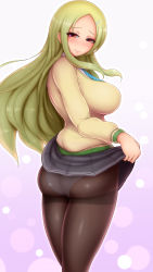 Rule 34 | 10s, 1girl, ass, blonde hair, breasts, clothes lift, female focus, from behind, hair ornament, hairclip, highres, huge breasts, large breasts, long hair, looking at viewer, looking back, mole, mole under mouth, necktie, panties, panties under pantyhose, pantyhose, ponponmaru, red eyes, school uniform, senran kagura, shiki (senran kagura), skirt, skirt lift, smile, solo, underwear