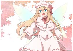 Rule 34 | 1girl, blonde hair, blue eyes, bow, bowtie, capelet, cherry blossoms, dress, fairy wings, hat, hat bow, lily white, long hair, open mouth, outstretched arms, petals, red bow, red bowtie, smile, solo, touhou, very long hair, white dress, wide sleeves, wings, yutamaro