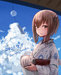 Rule 34 | 1girl, alternate costume, blue sky, brown eyes, brown hair, cloud, commentary request, dated, headgear, holding, japanese clothes, kantai collection, kayari buta, kimono, one-hour drawing challenge, sky, solo, taihou (kancolle), twitter username, upper body, white kimono, wind chime, wss (nicoseiga19993411), yukata