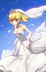 Rule 34 | 1girl, athenawyrm, bare shoulders, blonde hair, blue background, blue eyes, blush, breasts, bridal gauntlets, bridal veil, bride, choker, cleavage, collarbone, crown, dress, earrings, elbow gloves, female focus, formal, gloves, gradient background, jewelry, light particles, lips, lipstick, long hair, looking at viewer, makeup, mario (series), medium breasts, neck, nintendo, ponytail, princess, princess peach, princess peach (wedding), skirt hold, smile, solo, standing, strapless, strapless dress, super mario odyssey, veil, wedding dress, white choker, white dress, white gloves
