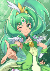Rule 34 | 10s, 1girl, big hair, cure march, eyelashes, gem, green background, green eyes, green hair, green theme, looking at viewer, magical girl, matching hair/eyes, midorikawa nao, muuten, one eye closed, ponytail, precure, skirt, smile, smile precure!, solo, wink